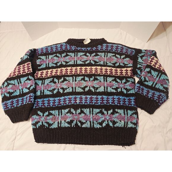 Vtg 70's Ethnic Sweater Chunky XL Ecuador Country Life 100% Wool Folk Aztec Blue - Picture 2 of 9